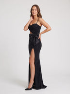 Black Satin Mermaid Square Neck Back Zip Floor-Length Dress with Cutout Waist - Curvevia