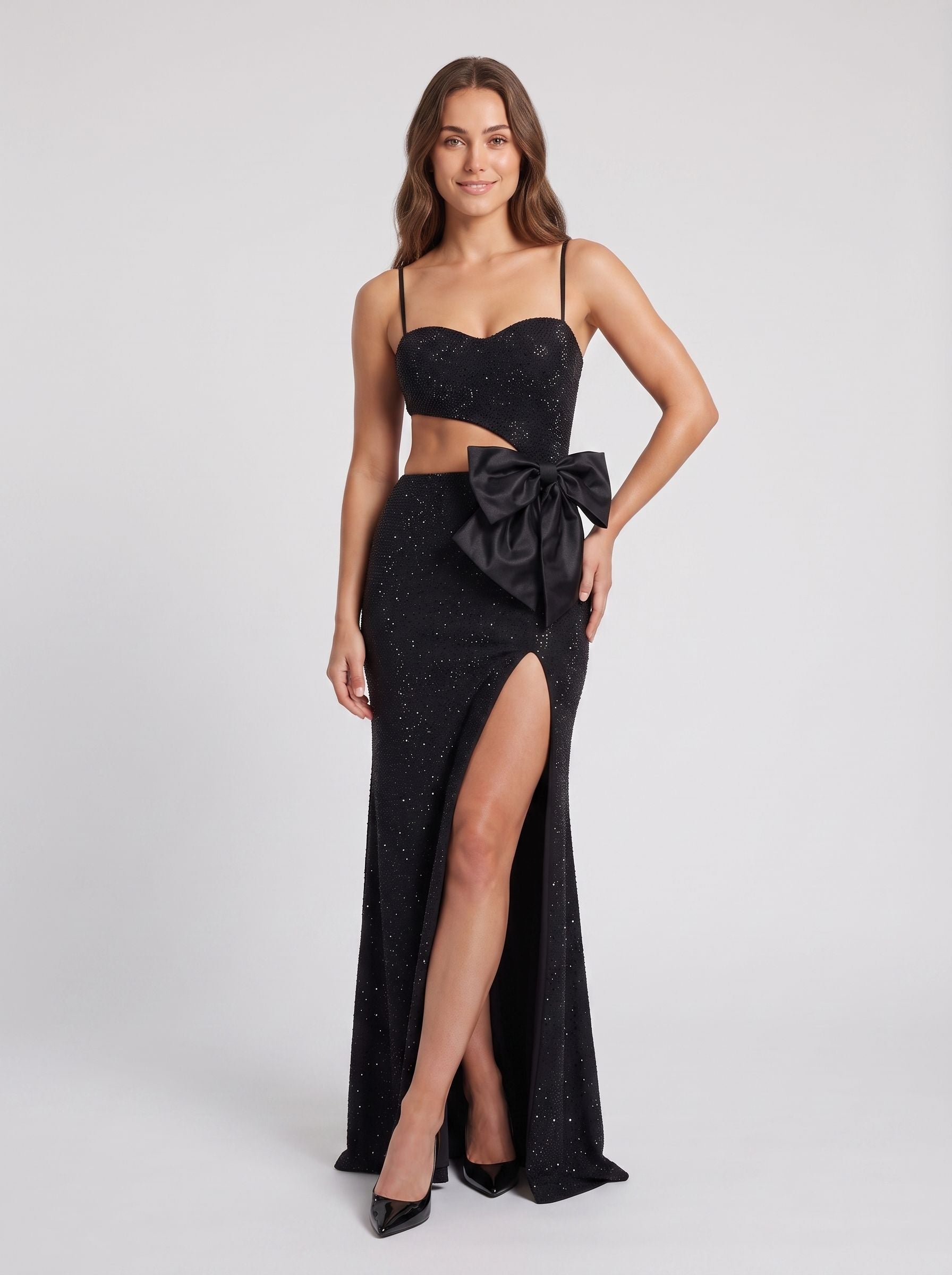 Black Satin Mermaid Square Neck Back Zip Floor-Length Dress with Cutout Waist - Curvevia