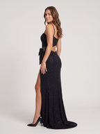 Black Satin Mermaid Square Neck Back Zip Floor-Length Dress with Cutout Waist - Curvevia