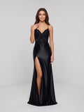 Black Satin & Sequin Lace column V-Neck Lace-up Floor-Length Dress with Side Slit - Curvevia