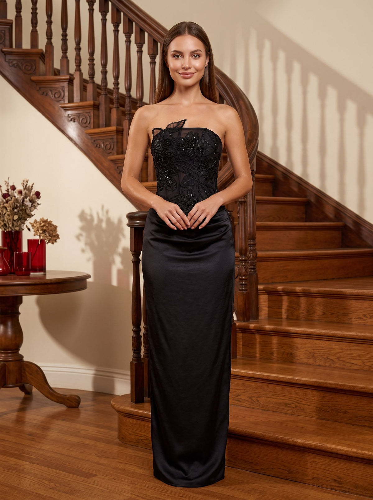 Black Satin Sheath Straight Neck Floor-Length Dress with Floral Applique and Slit - Curvevia