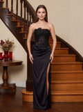 Black Satin Sheath Straight Neck Floor-Length Dress with Floral Applique and Slit - Curvevia