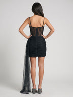 Black Tulle Sheath Sweetheart Corset Back Short Dress with Pearls - Curvevia