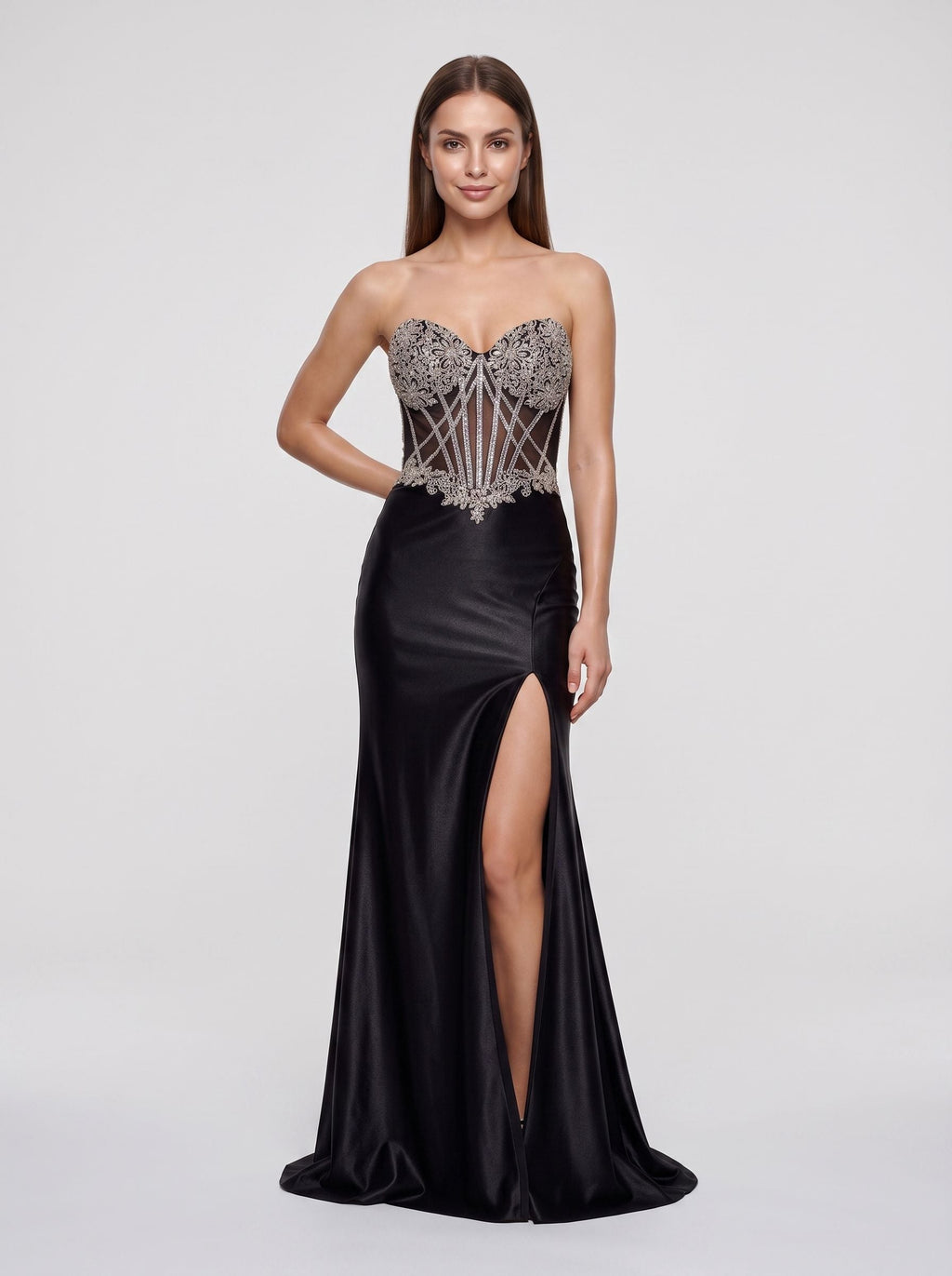 Black Satin Mermaid Sweetheart Lace-up Floor-Length Dress with Crystal-Beaded Sheer Corset - Curvevia