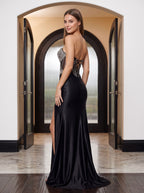 Black Satin Mermaid Sweetheart Lace-up Floor-Length Dress with Crystal-Beaded Sheer Corset - Curvevia