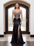 Black Satin Mermaid Sweetheart Lace-up Floor-Length Dress with Crystal-Beaded Sheer Corset - Curvevia