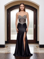 Black Satin Mermaid Sweetheart Lace-up Floor-Length Dress with Crystal-Beaded Sheer Corset - Curvevia