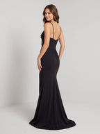 Black Stretch Knit Sheath V-Neck Corset Back Floor-Length Dress with Contrasting Front Bow - Curvevia