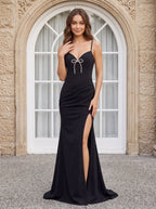 Black Stretch Knit Sheath V-Neck Corset Back Floor-Length Dress with Contrasting Front Bow - Curvevia