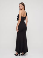 Black Satin Trumpet One Shoulder Back Zip Floor-Length Dress with Pleated Bodice - Curvevia