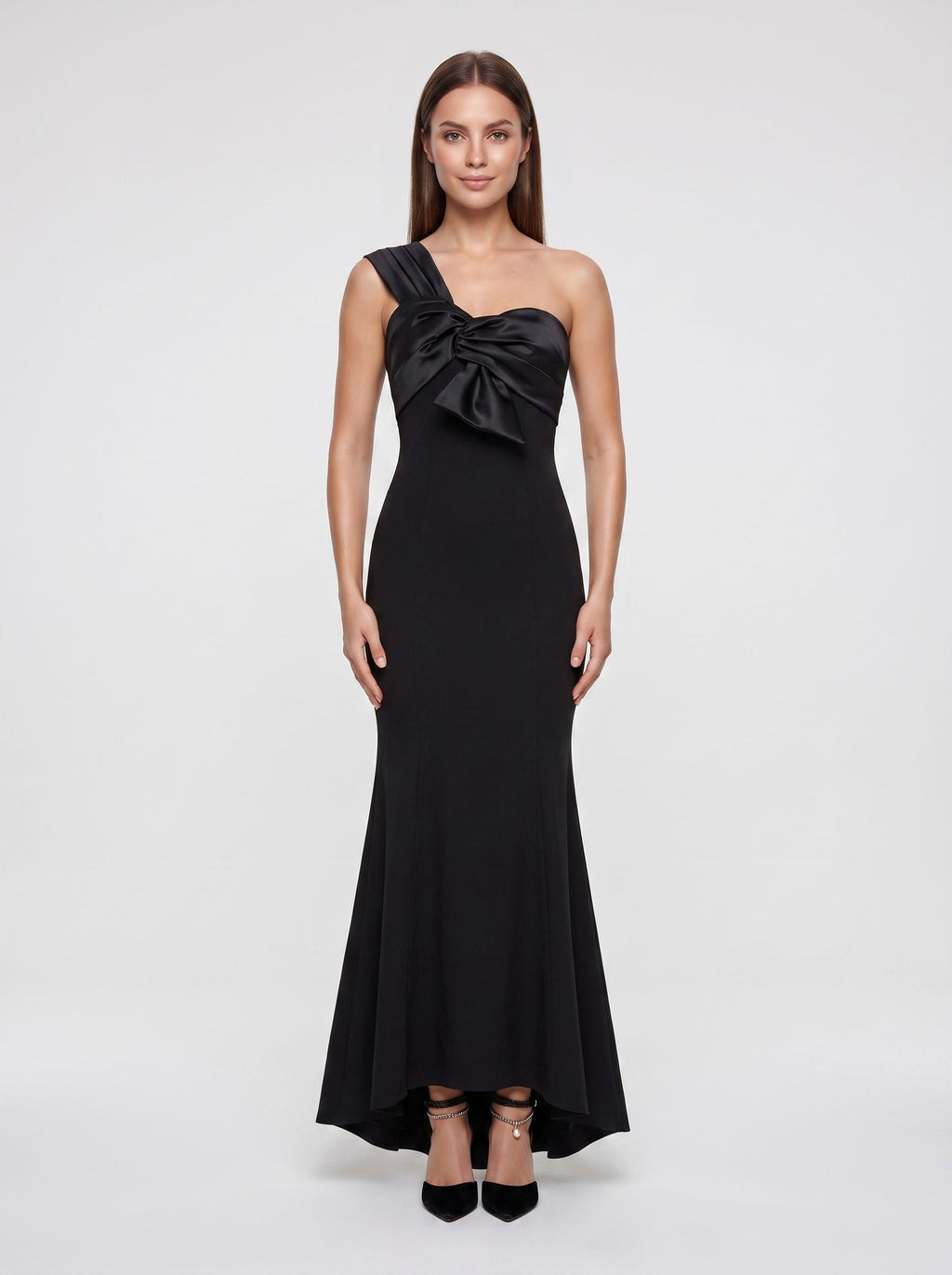 Black Satin Trumpet One Shoulder Back Zip Floor-Length Dress with Pleated Bodice - Curvevia