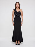Black Satin Trumpet One Shoulder Back Zip Floor-Length Dress with Pleated Bodice - Curvevia