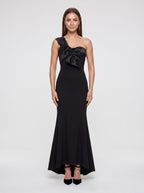 Black Satin Trumpet One Shoulder Back Zip Floor-Length Dress with Pleated Bodice - Curvevia