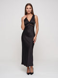 Black Satin Sheath V-Neck V-Back Floor-Length Dress with Lace Trim and Tie-Back - Curvevia
