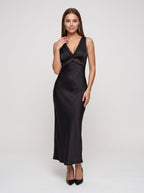 Black Satin Sheath V-Neck V-Back Floor-Length Dress with Lace Trim and Tie-Back - Curvevia