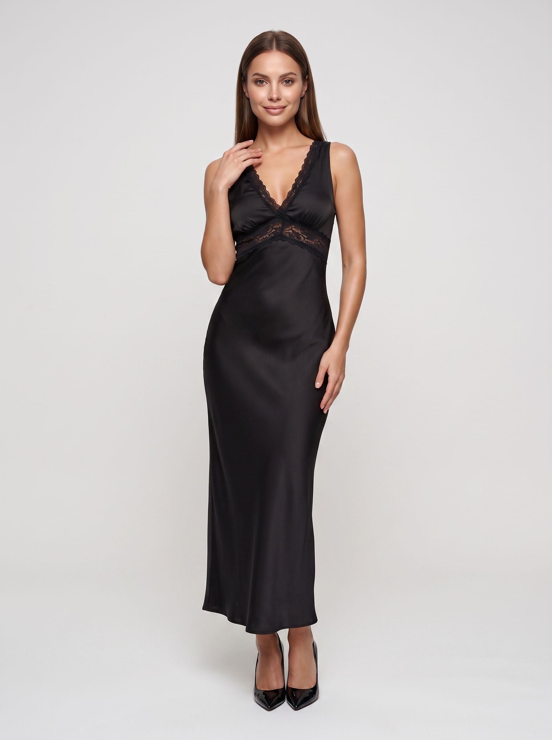 Black Satin Sheath V-Neck V-Back Floor-Length Dress with Lace Trim and Tie-Back - Curvevia