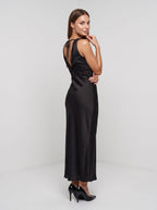Black Satin Sheath V-Neck V-Back Floor-Length Dress with Lace Trim and Tie-Back - Curvevia