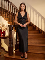Black Satin Sheath V-Neck V-Back Floor-Length Dress with Lace Trim and Tie-Back - Curvevia