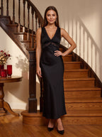 Black Satin Sheath V-Neck V-Back Floor-Length Dress with Lace Trim and Tie-Back - Curvevia