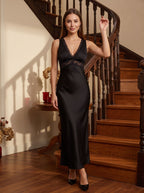 Black Satin Sheath V-Neck V-Back Floor-Length Dress with Lace Trim and Tie-Back - Curvevia