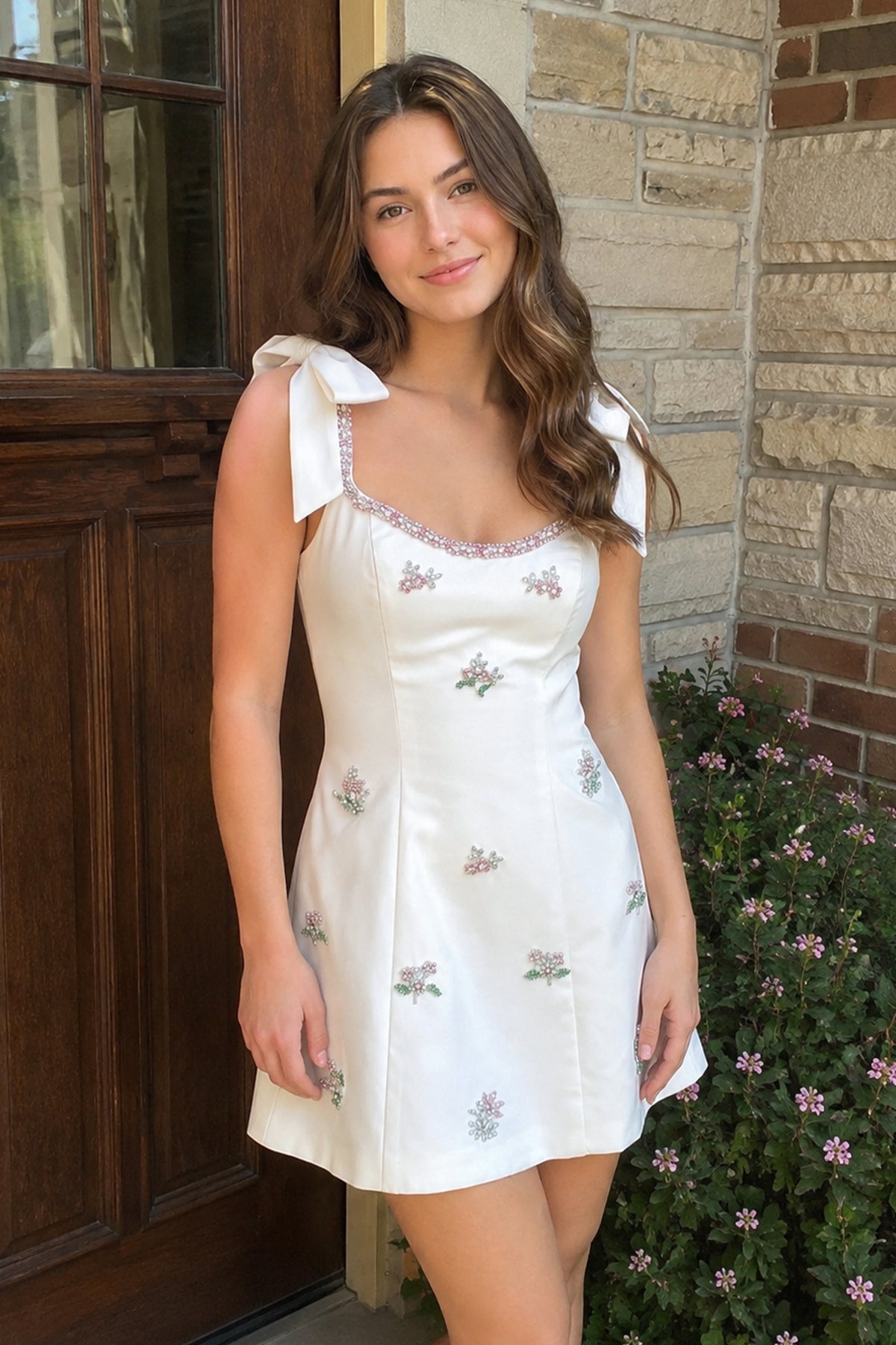 White Scoop Neck A-Line Satin Beaded Homecoming Dress with Bow - Curvevia
