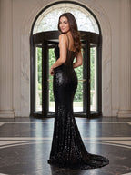 Black Sequins Sheath Scoop Neck Illusion Floor-Length Dress with Sheer Open Back - Curvevia