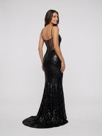 Black Sequins Sheath Scoop Neck Illusion Floor-Length Dress with Sheer Open Back - Curvevia