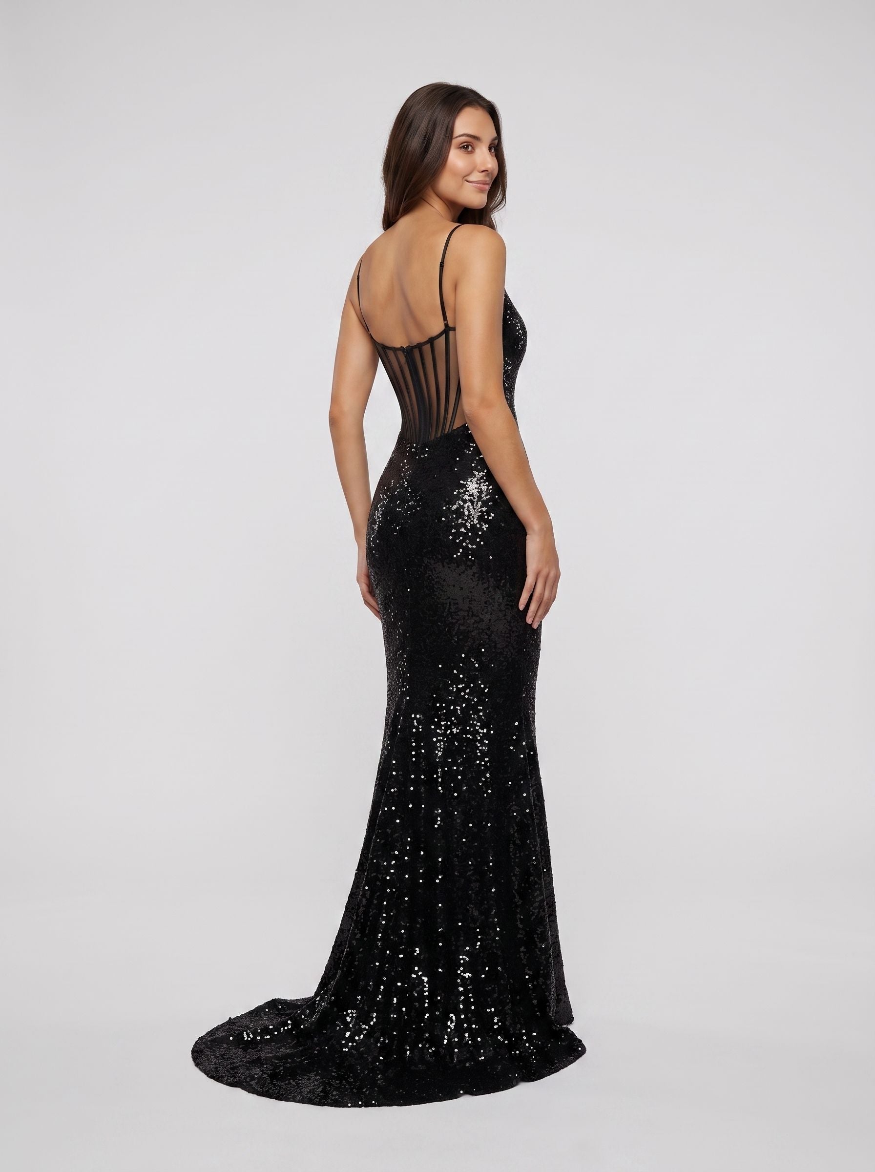 Black Sequins Sheath Scoop Neck Illusion Floor-Length Dress with Sheer Open Back - Curvevia
