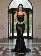 Black Sequins Sheath Scoop Neck Illusion Floor-Length Dress with Sheer Open Back - Curvevia