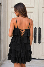 Green Spaghetti Strap Ruffle Tiered Pleated Wedding Guest Dress - Curvevia