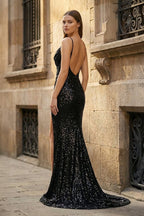 Black Spaghetti Straps Mermaid Sequined Long Prom Dresses With Slit - Curvevia