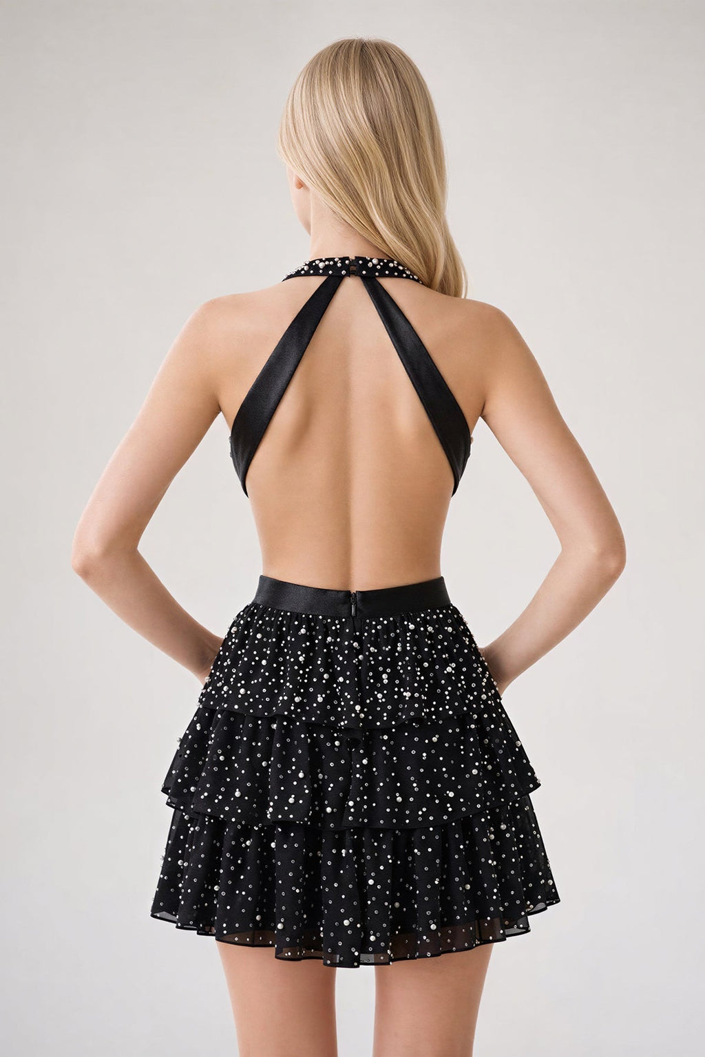 Black Sparkly Cut-Out Halter A-Line Chiffon Bow Homecoming Dress With Pearl - Curvevia