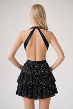 Black Sparkly Cut-Out Halter A-Line Chiffon Bow Homecoming Dress With Pearl - Curvevia