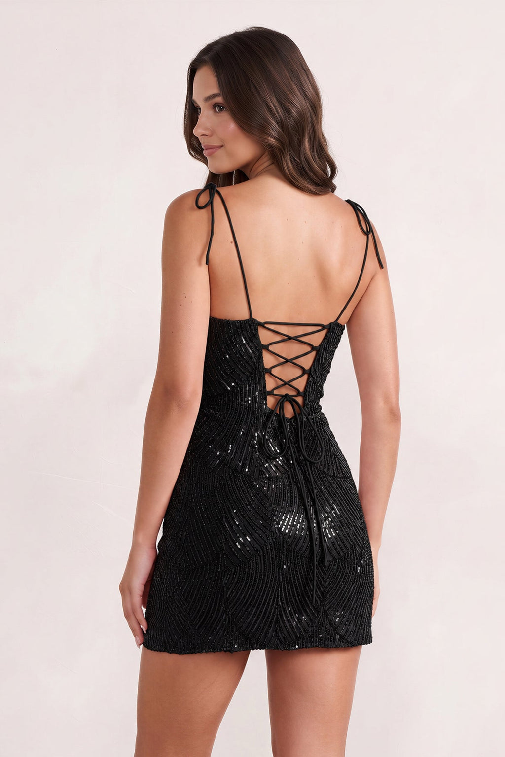 Pink Sparkly Sequin Sheath Bow Spaghetti Straps Homecoming Dress - Curvevia