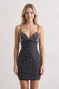 Black Sparkly Spaghetti Straps Sheath Mini Homecoming Dress With Pearl - Curvevia