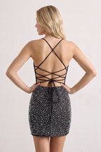 Black Sparkly Spaghetti Straps Sheath Mini Homecoming Dress With Pearl - Curvevia