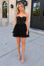 Sparkly Champagne Sweetheart A-Line Tulle Tiered Homecoming Dress - Curvevia
