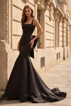 Black Square Neck Mermaid Satin Long Evening Dress With Pearls - Curvevia