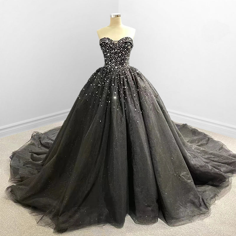 Black Sweetheart Tulle Quinceanera Dresses With Beadings - Curvevia