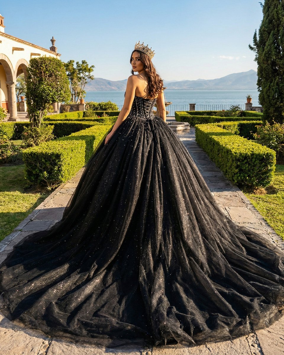 Black Sweetheart Tulle Quinceanera Dresses With Beadings - Curvevia