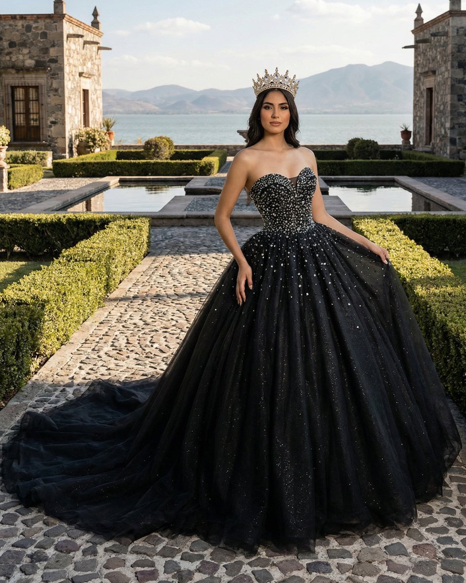 Black Sweetheart Tulle Quinceanera Dresses With Beadings - Curvevia
