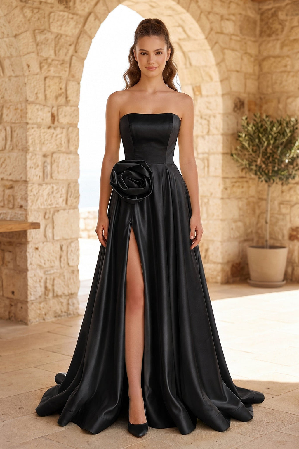 Black Strapless Satin Long Evening Dress With High Split - Curvevia