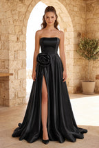 Black Strapless Satin Long Evening Dress With High Split - Curvevia