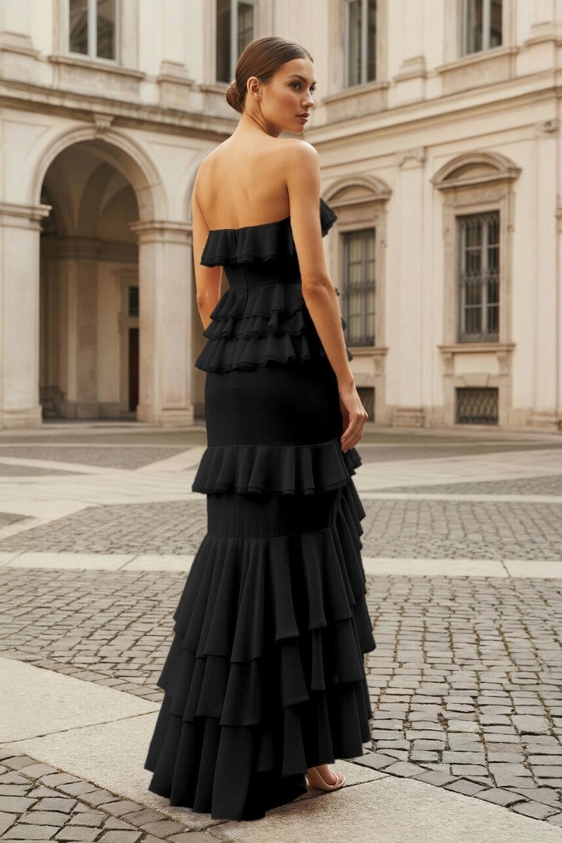 Pink Strapless Sheath Chiffon Ruffled Long Wedding Guest Dress - Curvevia