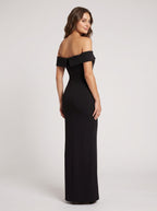 Black Stretch Knit Sheath Off-the-Shoulder Back Zip Floor-Length Dress - Curvevia