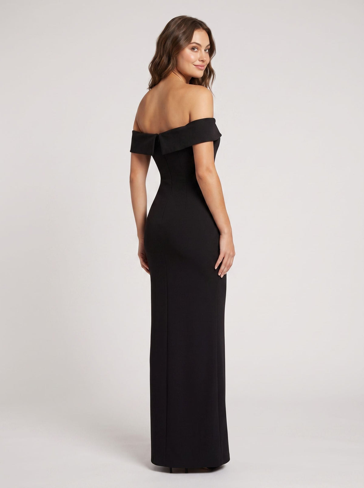 Black Stretch Knit Sheath Off-the-Shoulder Back Zip Floor-Length Dress - Curvevia