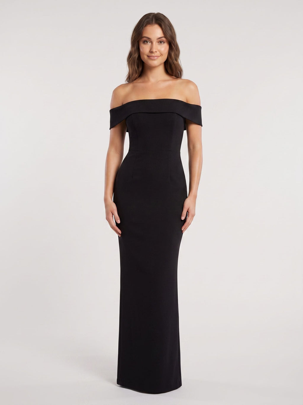 Black Stretch Knit Sheath Off-the-Shoulder Back Zip Floor-Length Dress - Curvevia