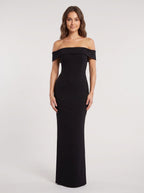 Black Stretch Knit Sheath Off-the-Shoulder Back Zip Floor-Length Dress - Curvevia