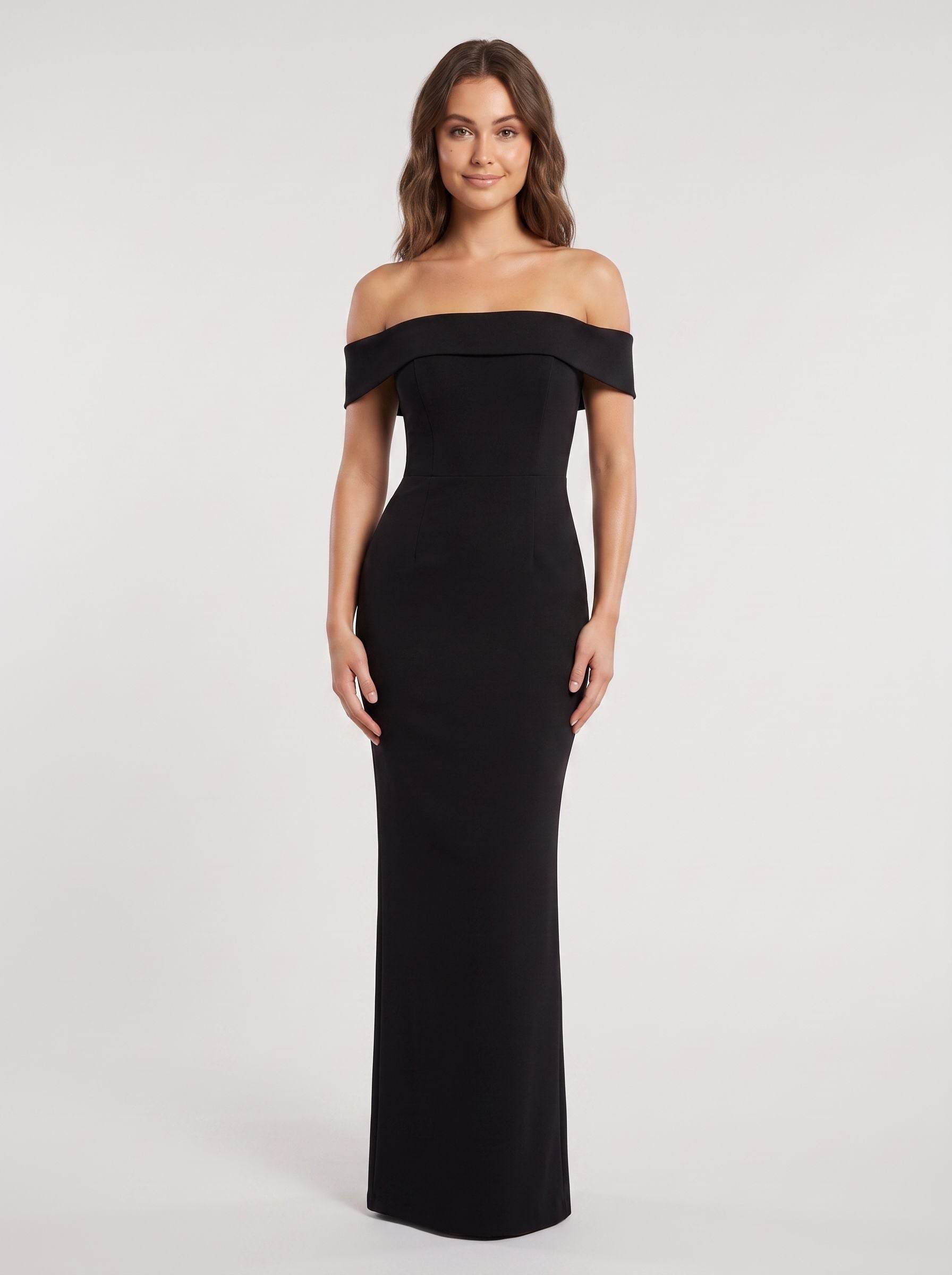 Black Stretch Knit Sheath Off-the-Shoulder Back Zip Floor-Length Dress - Curvevia