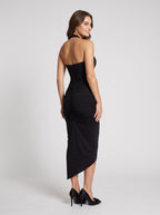 Black Stretch Knit Sheath Halter neckline Back Zip Asymmetrical Dress with Ruching - Curvevia